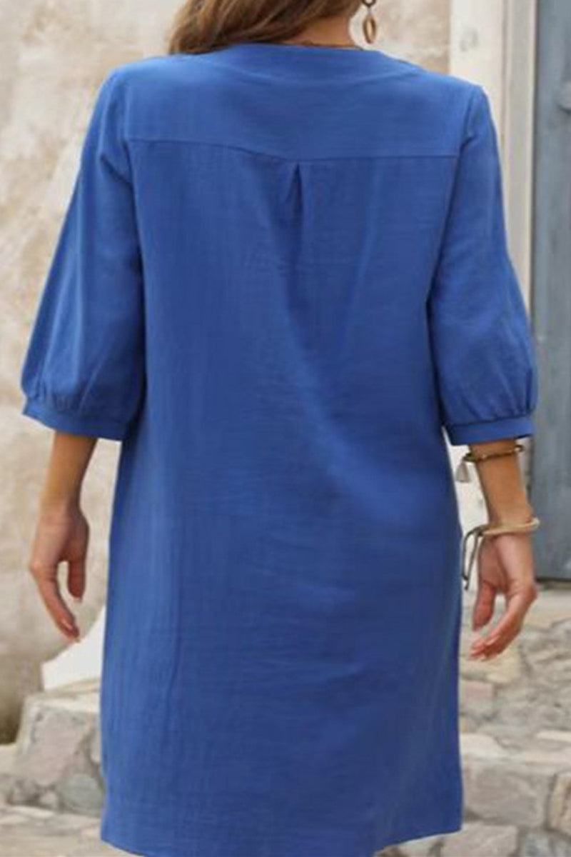 Casual Simplicity Solid Pocket Buckle O Neck A Line Dresses(4 Colors) - Fashionpara