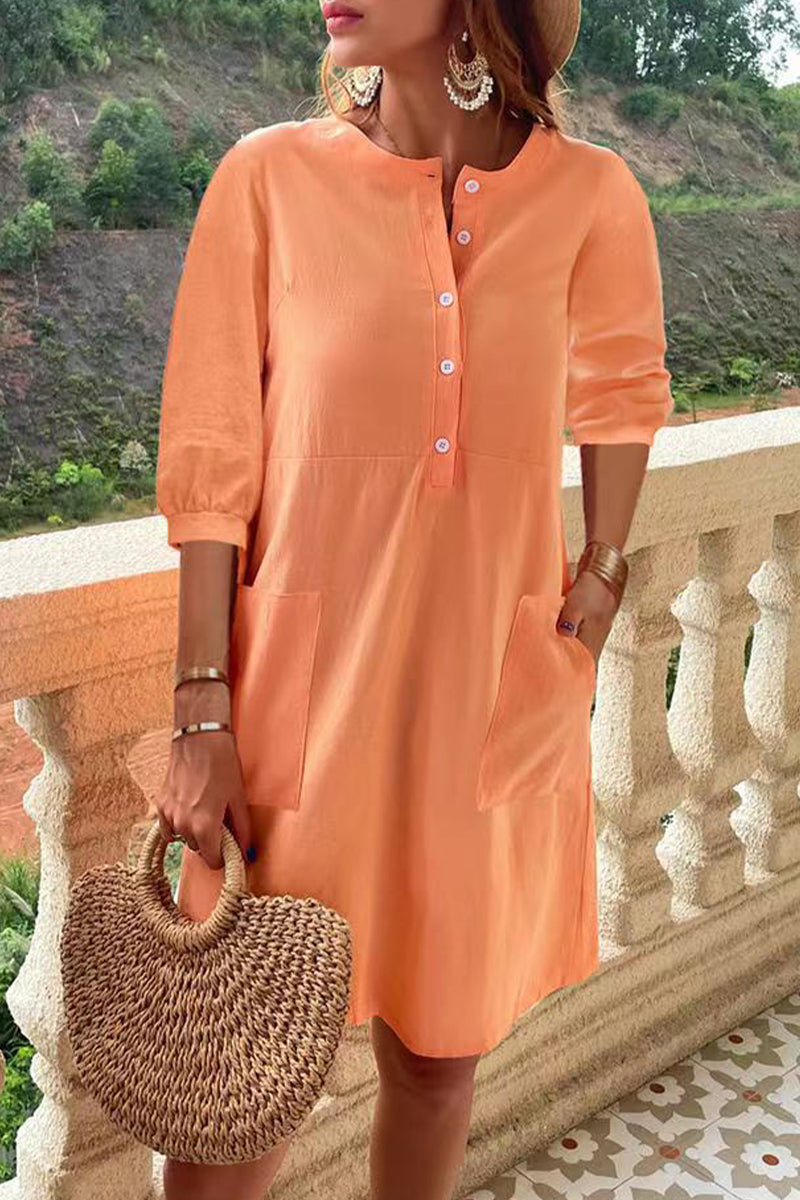 Casual Simplicity Solid Pocket Buckle O Neck A Line Dresses(4 Colors) - Fashionpara