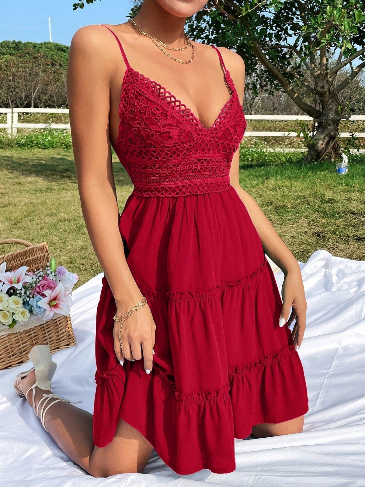 Crochet Lace V-Neck Spaghetti-Strap Tiered Fit-and-Flare Dress 10