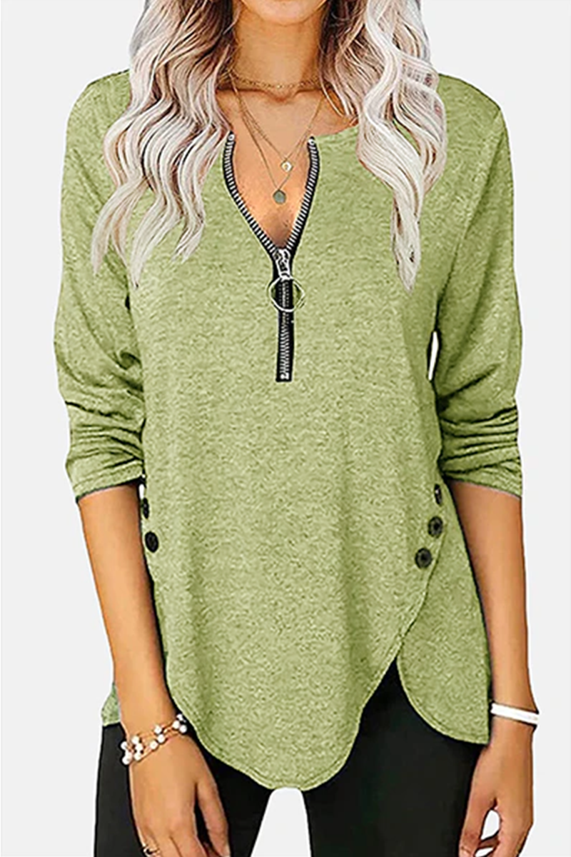 Casual Solid Buckle Asymmetrical Zipper Collar Tops(5 Colors) - Fashionpara