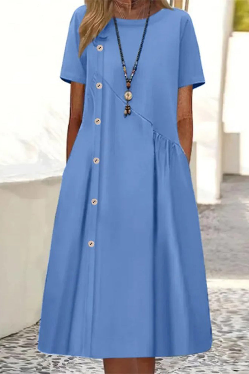 Casual Daily Solid Pocket Buttons O Neck A Line Dresses(4 Colors) - Fashionpara