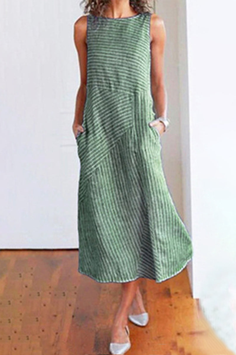 Casual Sweet Striped Pocket O Neck Sleeveless Dress Dresses(4 Colors) - Fashionpara