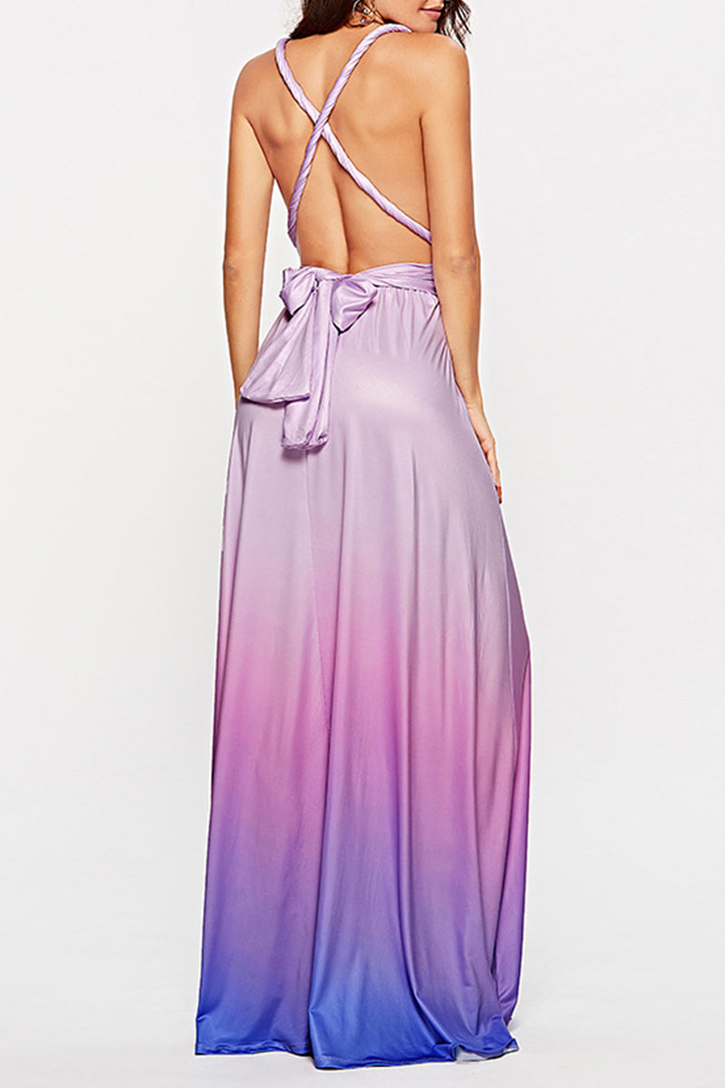 Sexy Gradual Change Bandage Contrast V Neck Evening Dress Dresses - Fashionpara