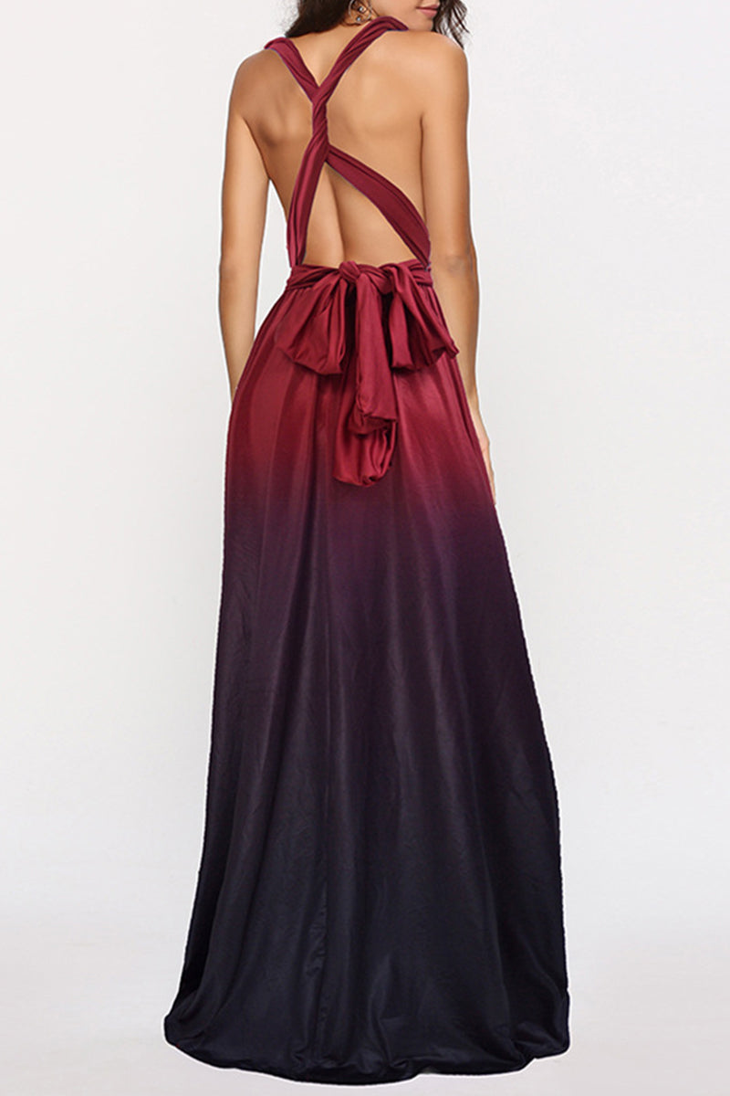 Sexy Gradual Change Bandage Contrast V Neck Evening Dress Dresses - Fashionpara