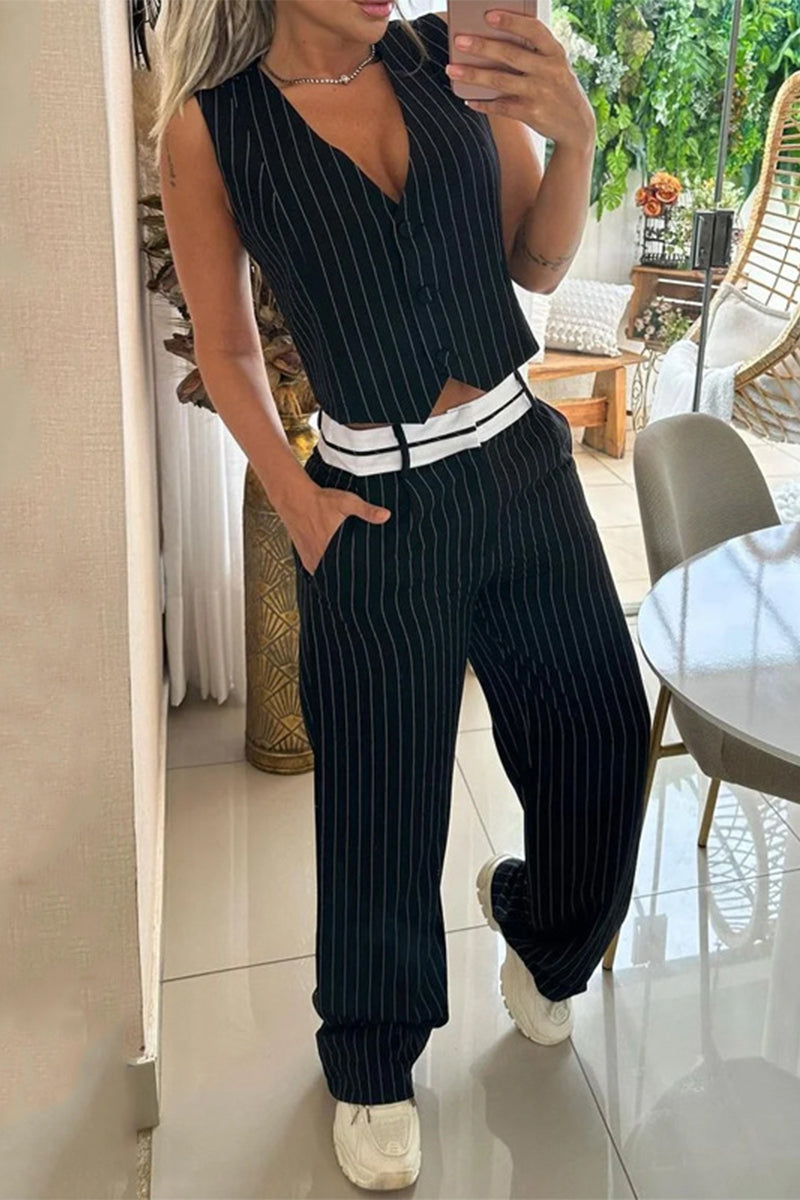 Casual Work Striped Buckle V Neck Sleeveless Two Pieces - Fashionpara
