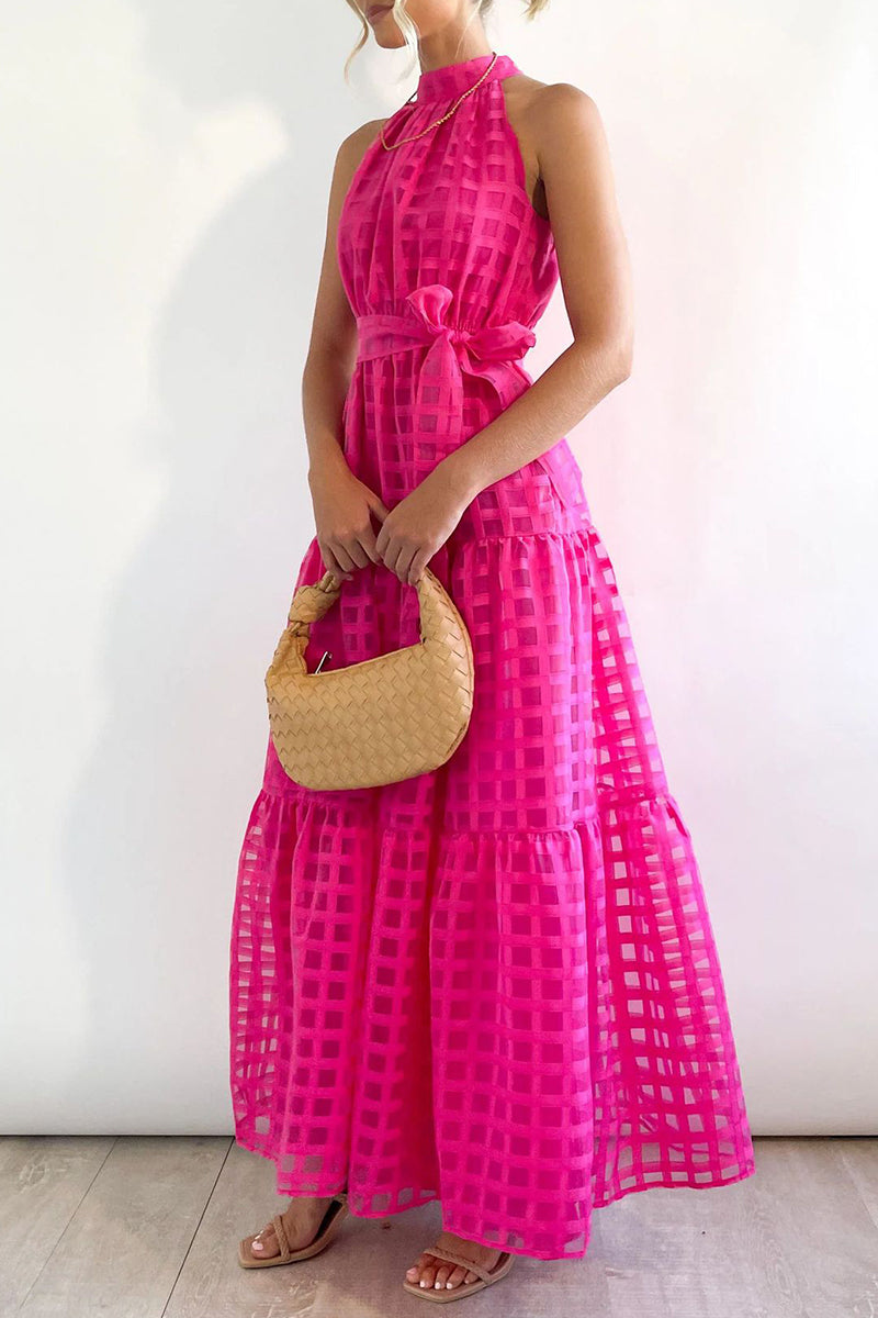 Bohemian College Plaid Frenulum See-through Halter A Line Dresses - Fashionpara