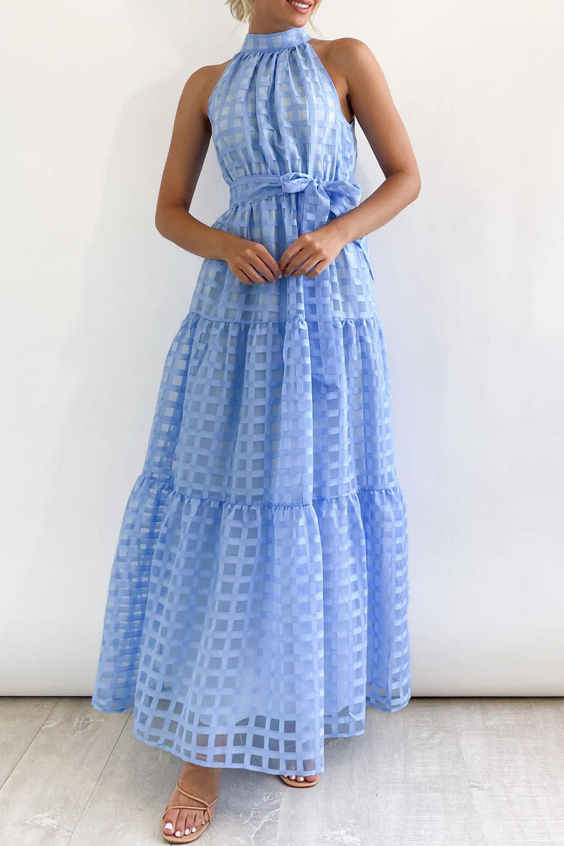 Bohemian College Plaid Frenulum See-through Halter A Line Dresses - Fashionpara
