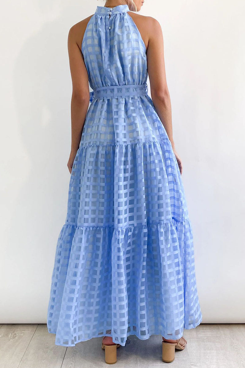 Bohemian College Plaid Frenulum See-through Halter A Line Dresses - Fashionpara
