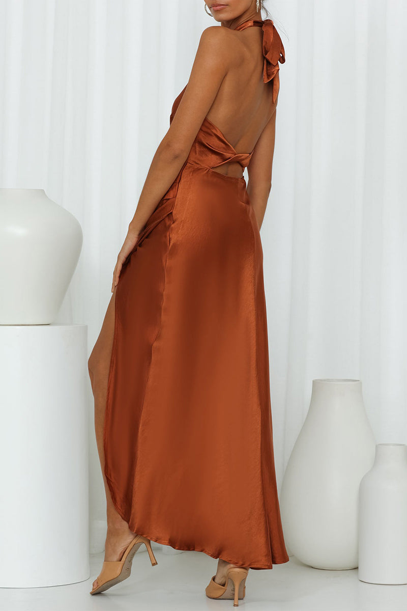 Celebrities Elegant Solid Frenulum Slit Halter Sleeveless Dress Dresses - Fashionpara
