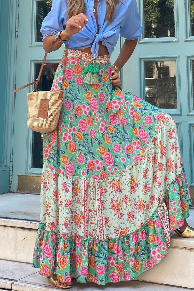 Elegant Vacation Print Flounce Loose Type A Full Print Bottoms Fashionpara