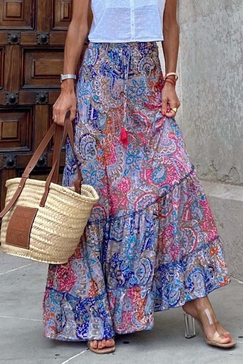 Elegant Vacation Print Flounce Loose Type A Full Print Bottoms Fashionpara