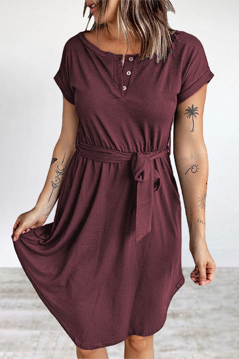 Casual Daily Solid Buttons O Neck Short Sleeve Dress Dresses - Fashionpara