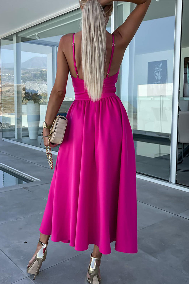 Casual Sweet Solid Slit V Neck Sling Dress Dresses(4 Colors) - Fashionpara