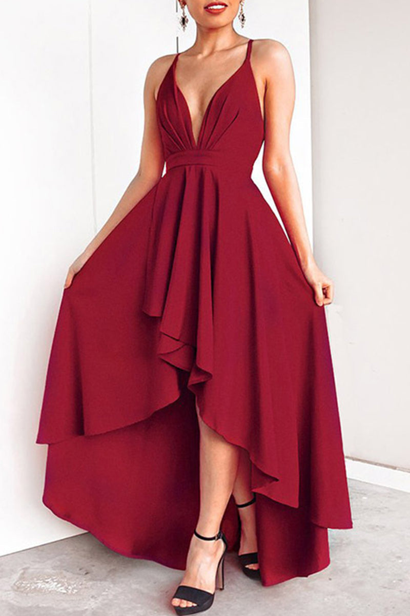 Sexy Formal Solid Asymmetrical V Neck Dresses - Fashionpara