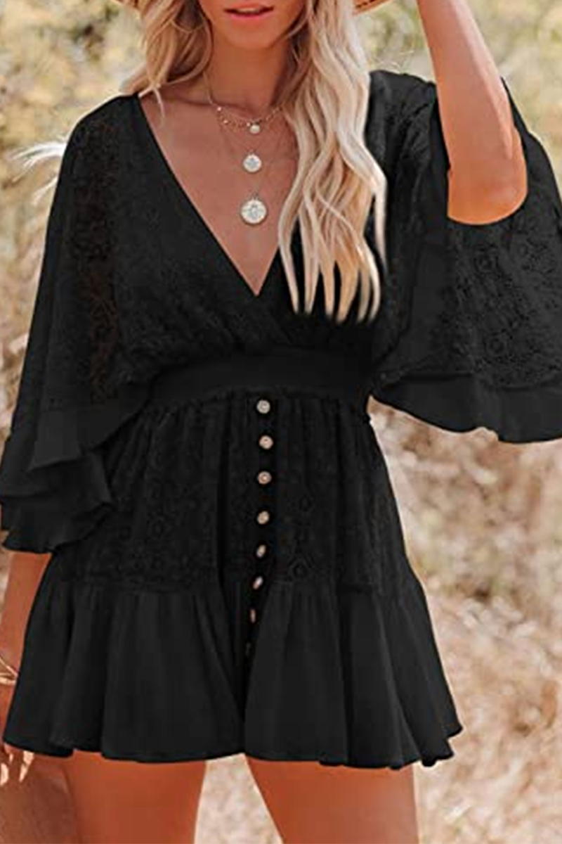 Casual Solid Patchwork V Neck Lace Dress Dresses - Fashionpara