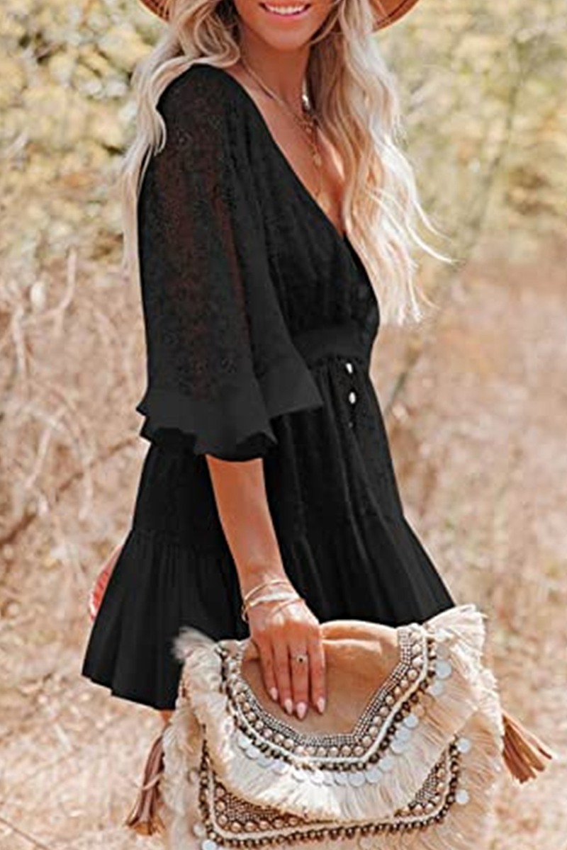 Casual Solid Patchwork V Neck Lace Dress Dresses - Fashionpara