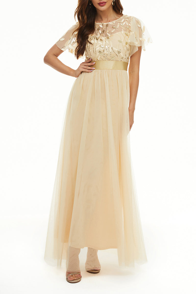 Elegant Formal Patchwork Zipper O Neck Ball Gown Dresses - Fashionpara