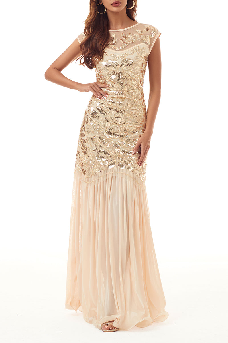 Elegant Formal Patchwork Sequins Beading Zipper O Neck Evening Dress Dresses - Fashionpara