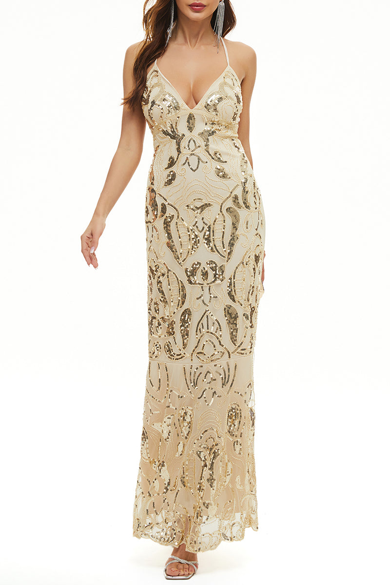 Sexy Formal Patchwork Bandage Sequins V Neck Evening Dress Dresses(7 Colors) - Fashionpara