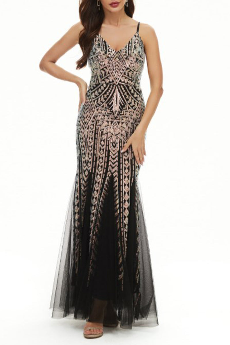 Sexy Celebrities Patchwork Sequins V Neck Evening Dress Dresses(4 Colors) - Fashionpara