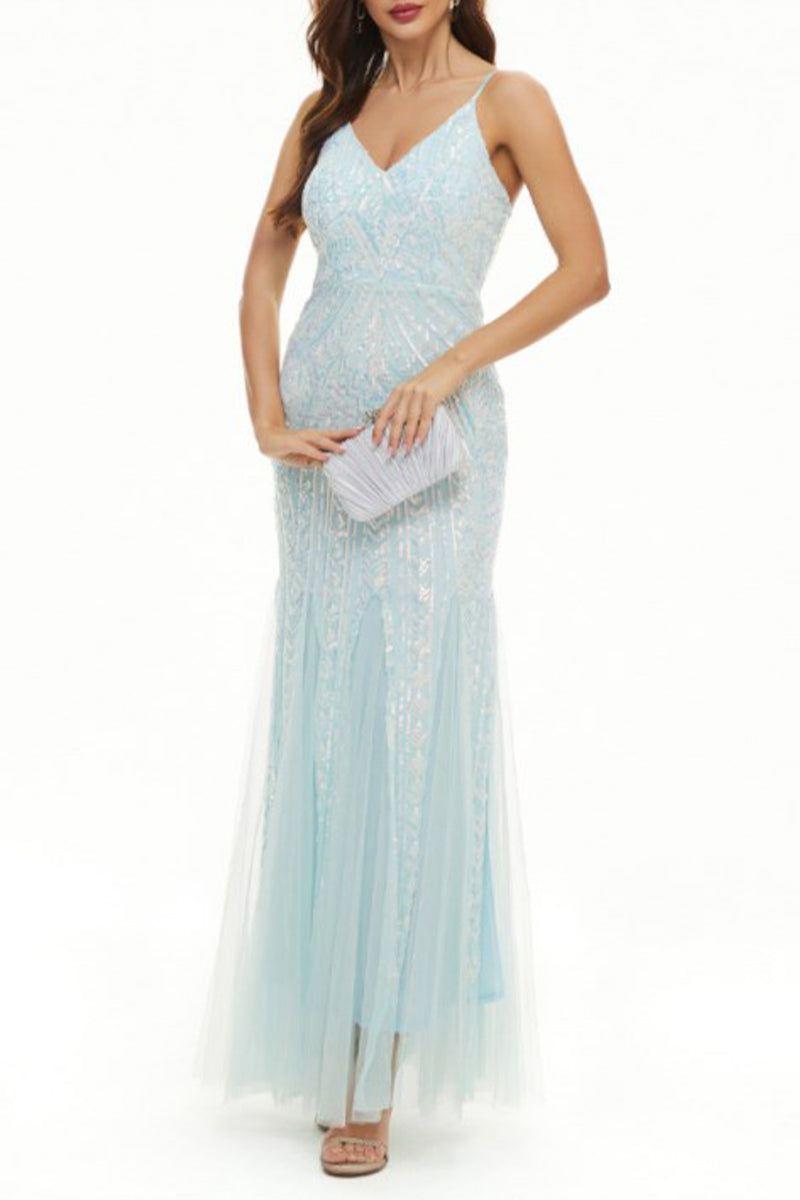 Sexy Celebrities Patchwork Sequins V Neck Evening Dress Dresses(4 Colors) - Fashionpara