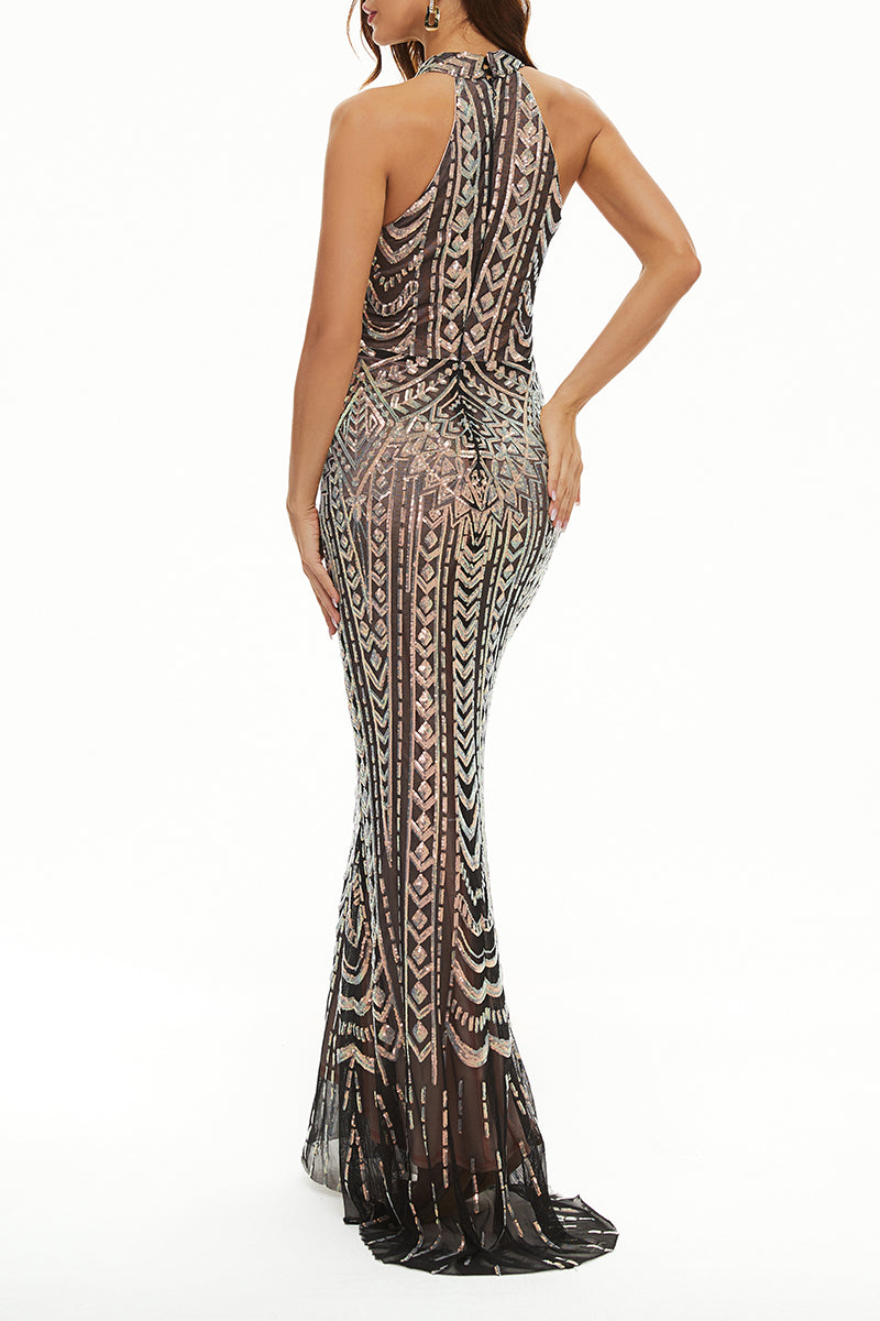 Celebrities Elegant Patchwork Contrast Halter Evening Dress Dresses(4 Colors) - Fashionpara