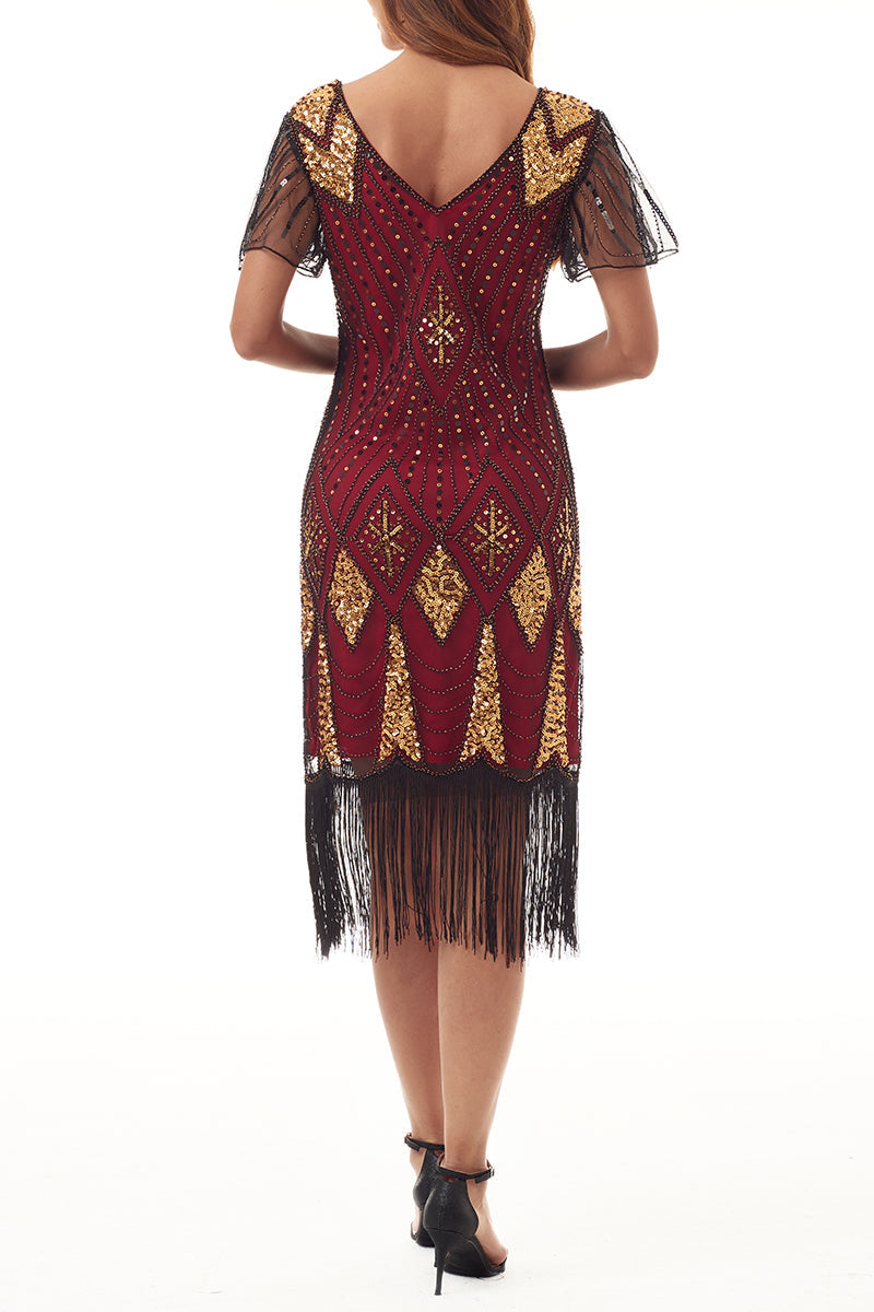 College Formal Patchwork Tassel Bead tube Zipper V Neck Evening Dress Dresses - Fashionpara