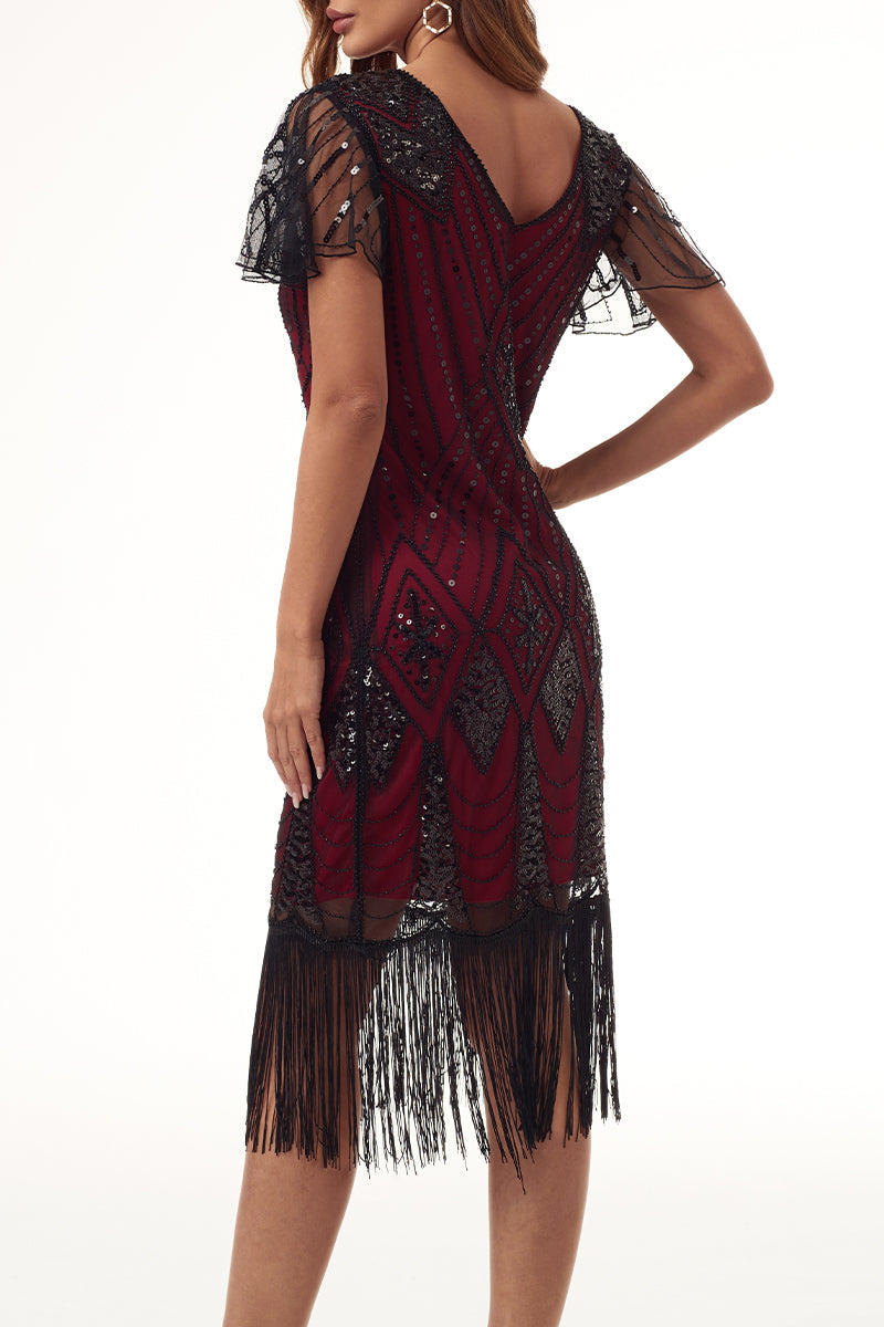 College Formal Patchwork Tassel Bead tube Zipper V Neck Evening Dress Dresses - Fashionpara