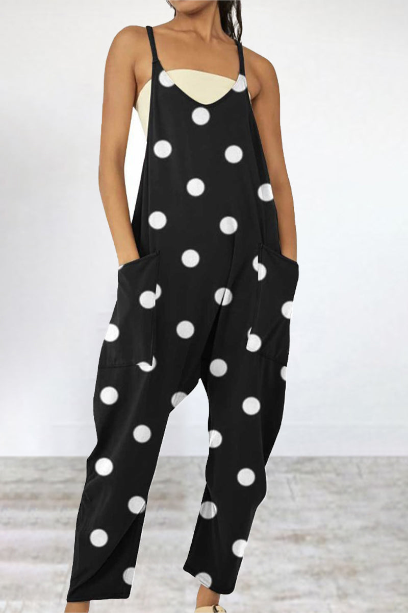 Casual Print Patchwork Pocket V Neck Loose Jumpsuits(6 Colors)