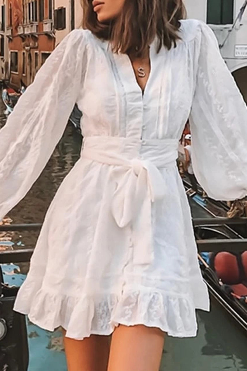 Sweet Elegant Solid Buckle V Neck A Line Dresses - Fashionpara