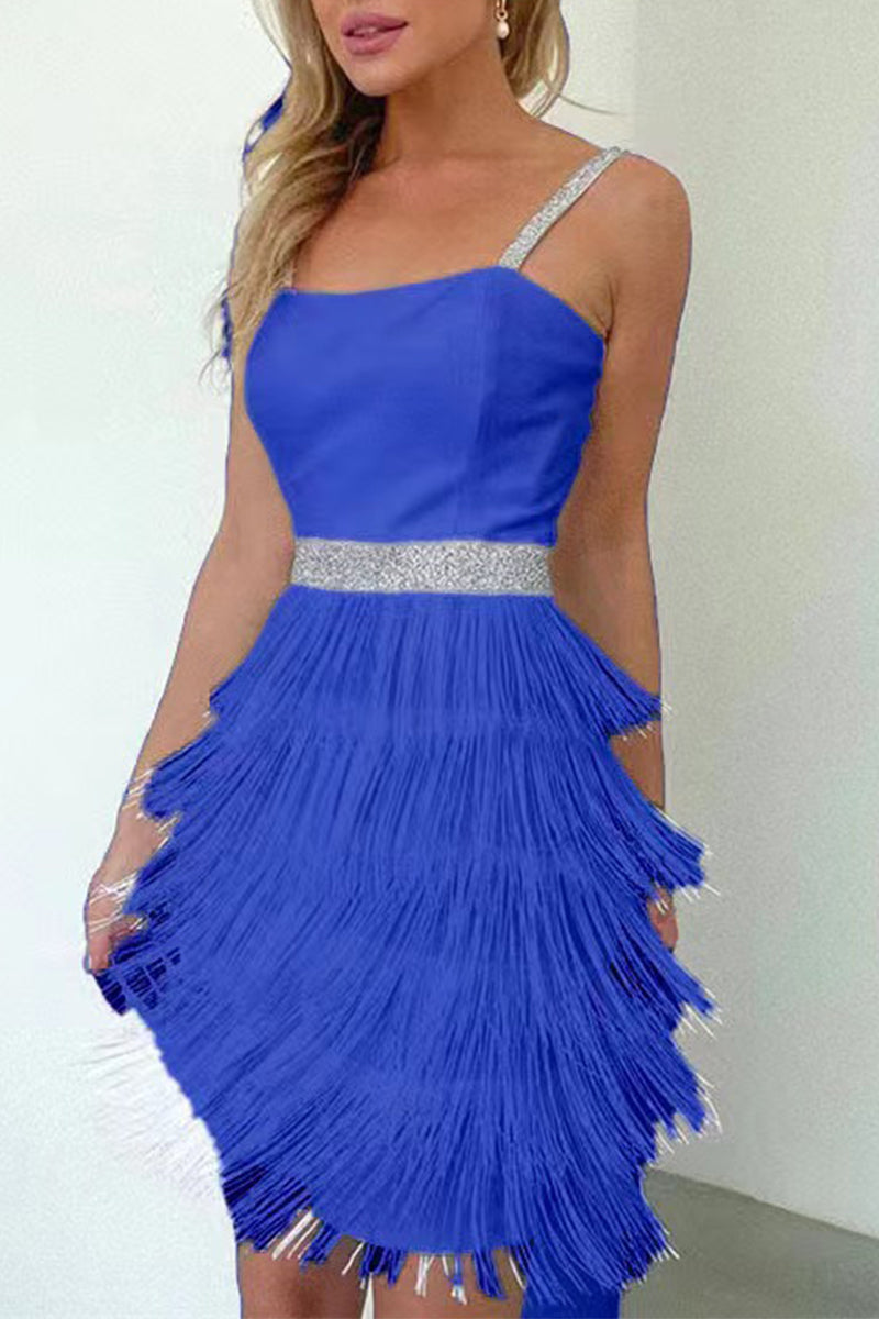 Sexy Party Solid Tassel Square Collar Sling Dress Dresses  Fashionpara