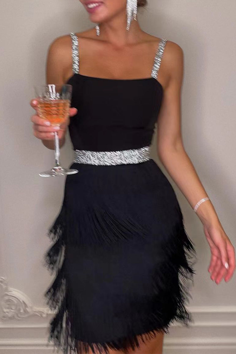 Sexy Party Solid Tassel Square Collar Sling Dress Dresses  Fashionpara