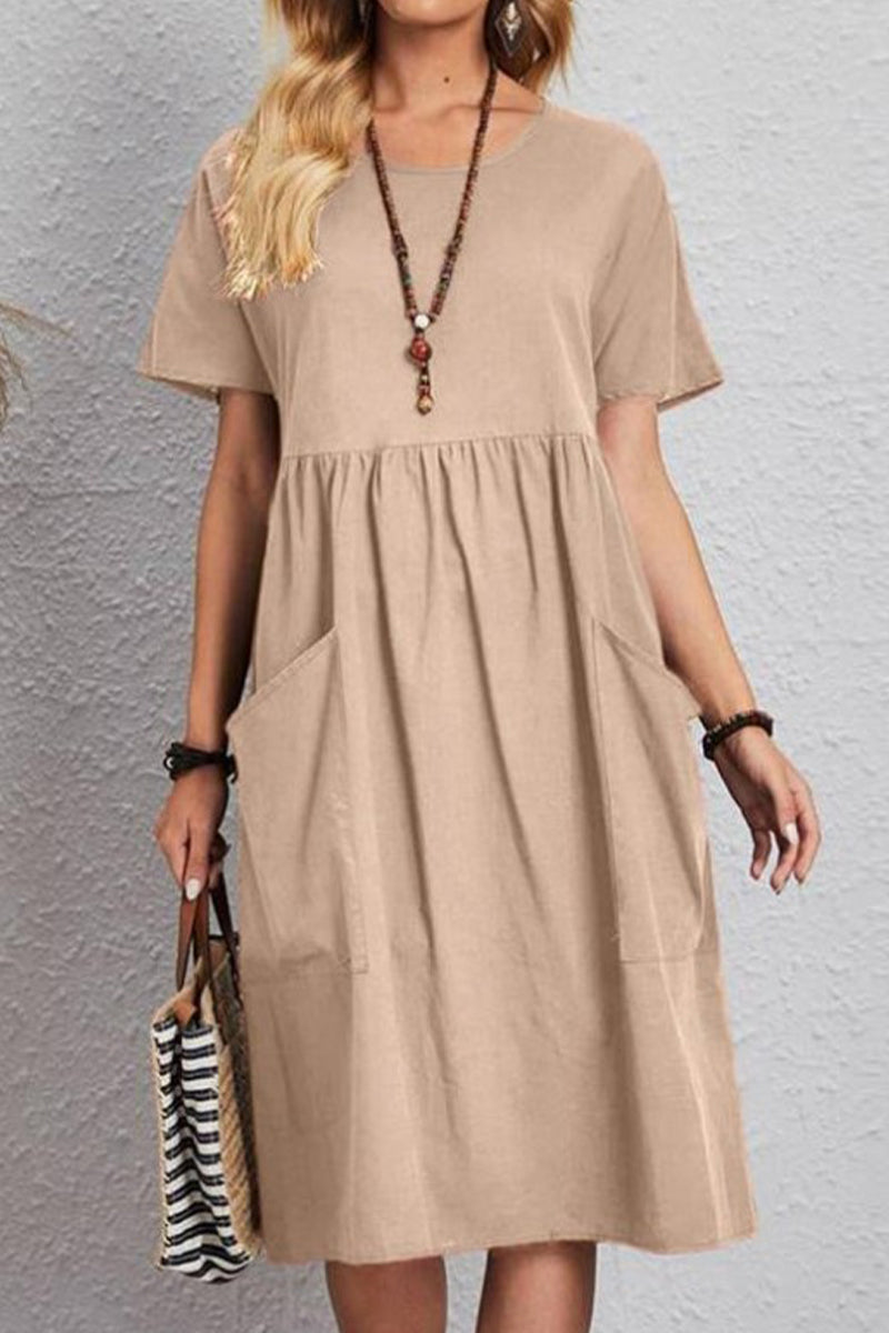 Casual Simplicity Solid Pocket O Neck Short Sleeve Dress Dresses(4 Colors) - Fashionpara