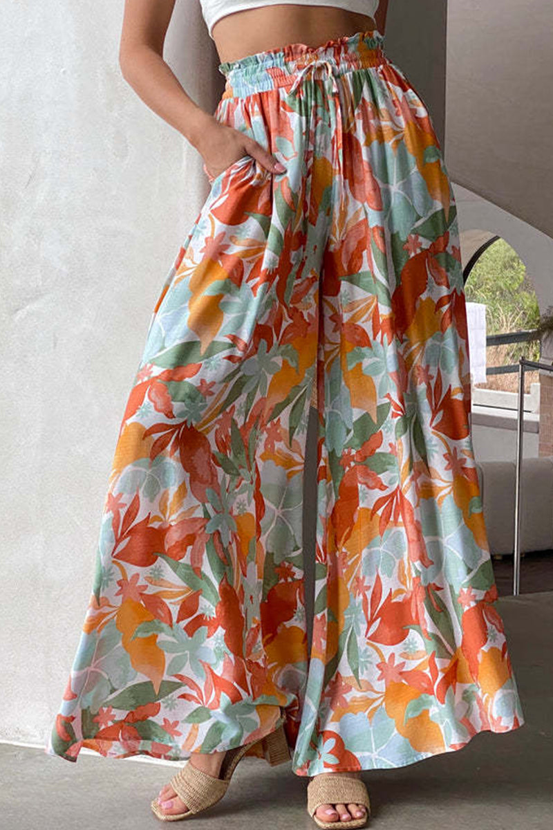 Casual Print Pocket Loose High Waist Wide Leg Full Print Bottoms - Fashionpara