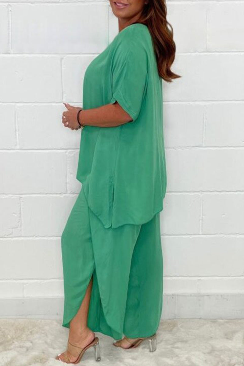 Plus Size Casual Solid Asymmetrical O Neck Short Sleeve Two Pieces(9 Colors) - Fashionpara