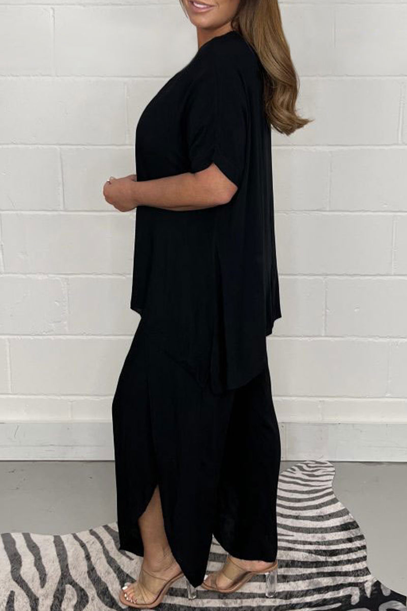 Plus Size Casual Solid Asymmetrical O Neck Short Sleeve Two Pieces(9 Colors) - Fashionpara