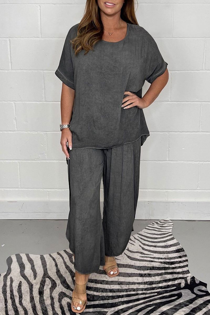 Plus Size Casual Solid Asymmetrical O Neck Short Sleeve Two Pieces(9 Colors) - Fashionpara