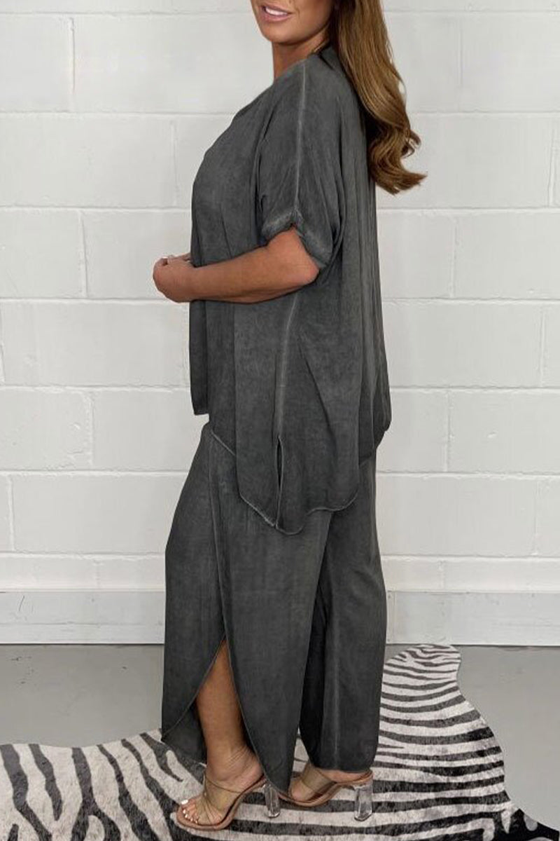 Plus Size Casual Solid Asymmetrical O Neck Short Sleeve Two Pieces(9 Colors) - Fashionpara