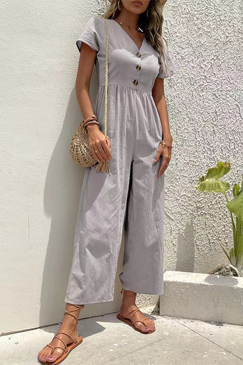 Casual Solid Buttons V Neck Loose Jumpsuits(5 Colors) - Fashionpara