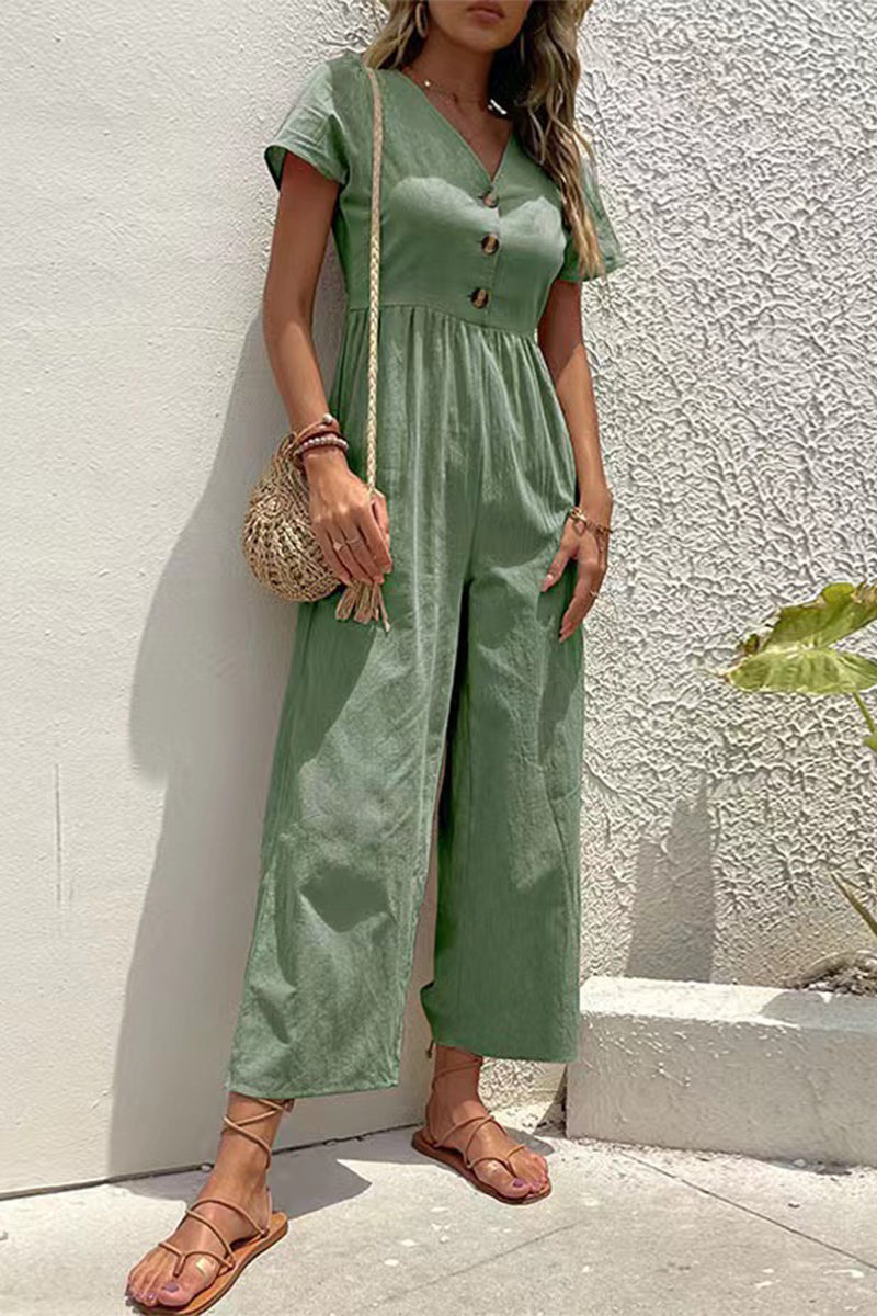 Casual Solid Buttons V Neck Loose Jumpsuits(5 Colors) - Fashionpara