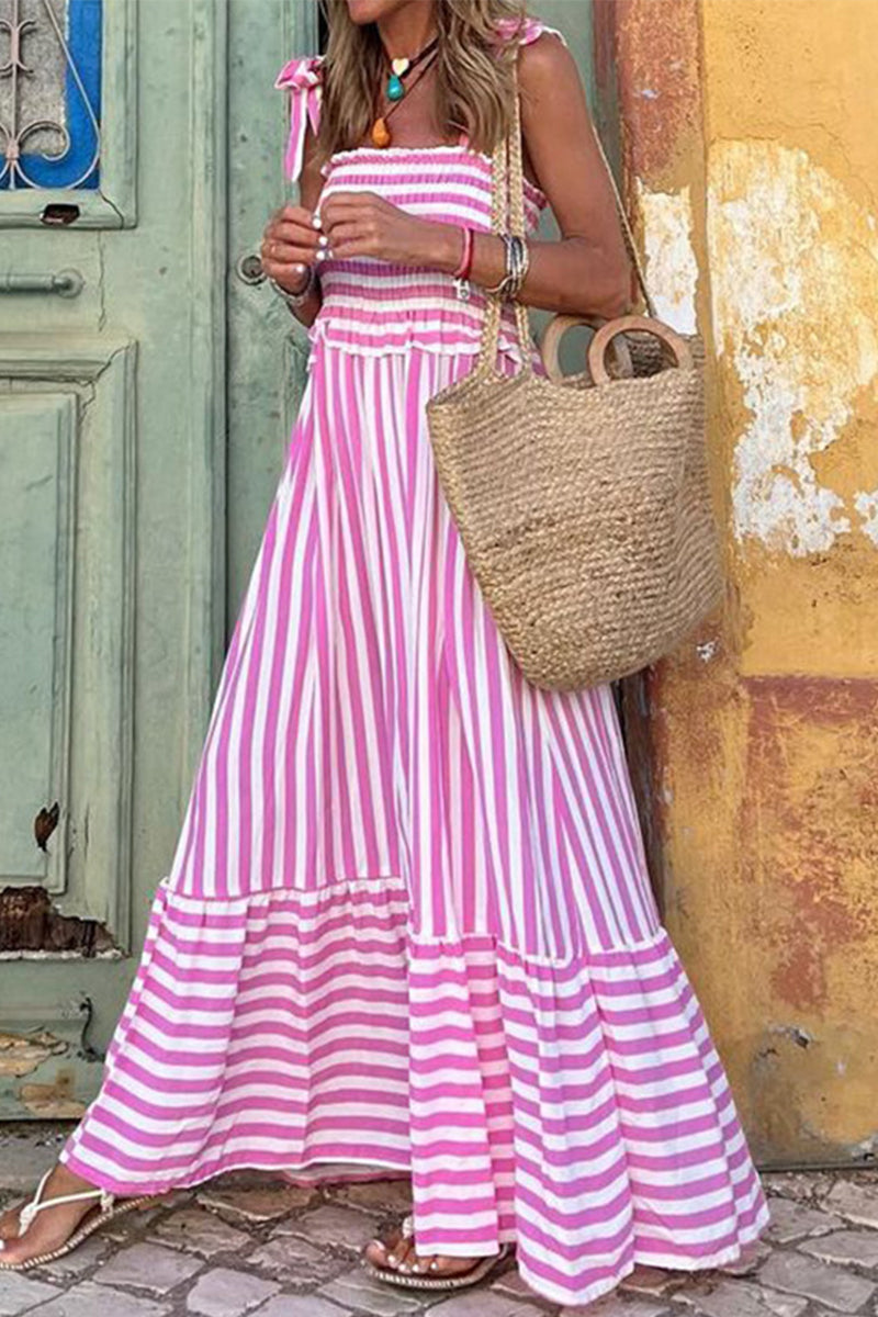 Casual Striped Patchwork Square Collar Sling Dress Dresses - Fashionpara