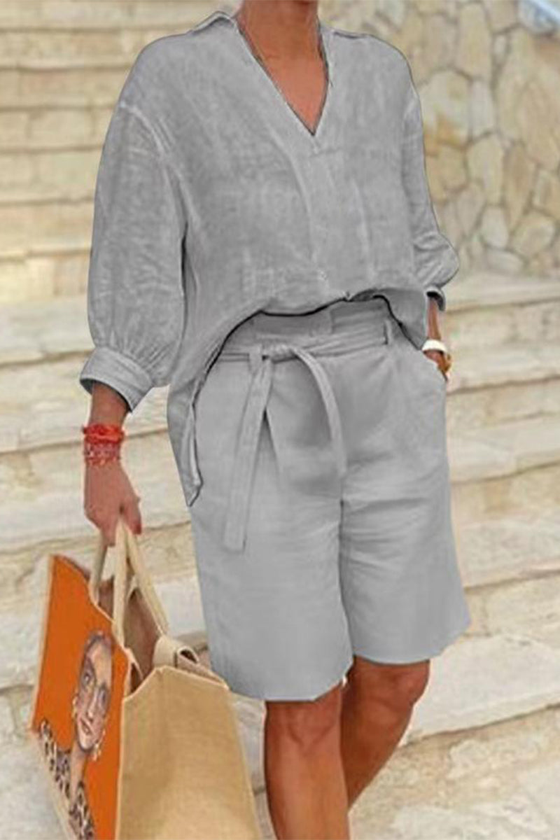 Casual Simplicity Solid Pocket V Neck Long Sleeve Two Pieces(4 Colors) - Fashionpara