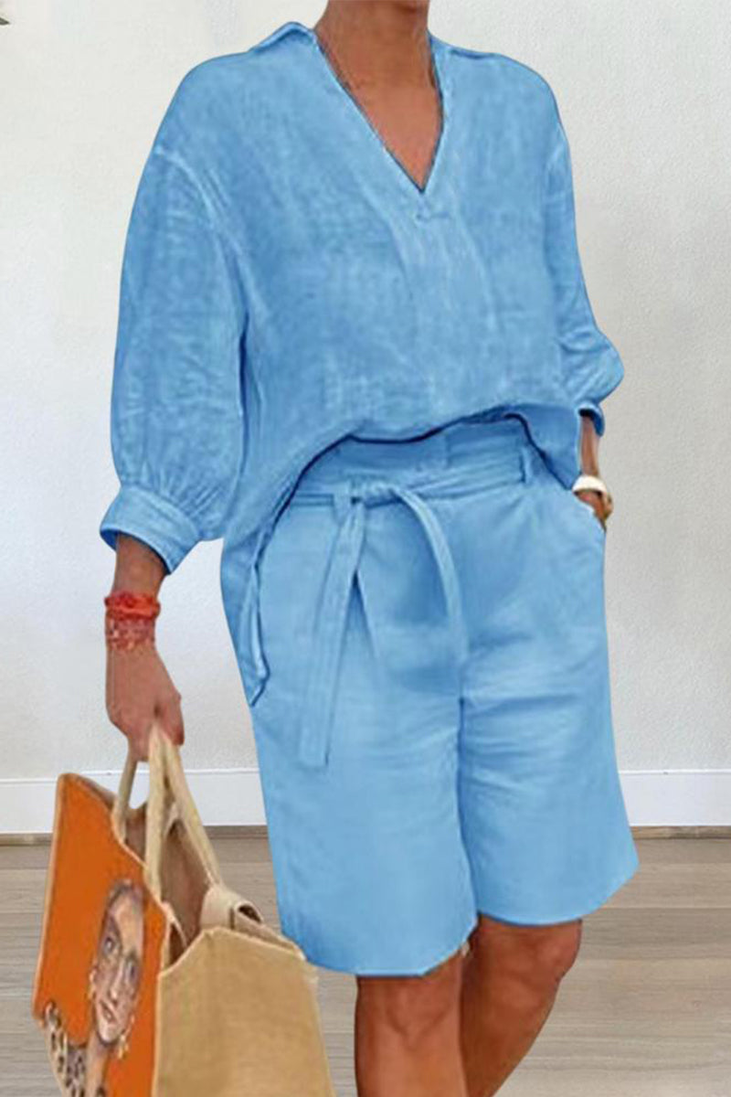 Casual Simplicity Solid Pocket V Neck Long Sleeve Two Pieces(4 Colors) - Fashionpara