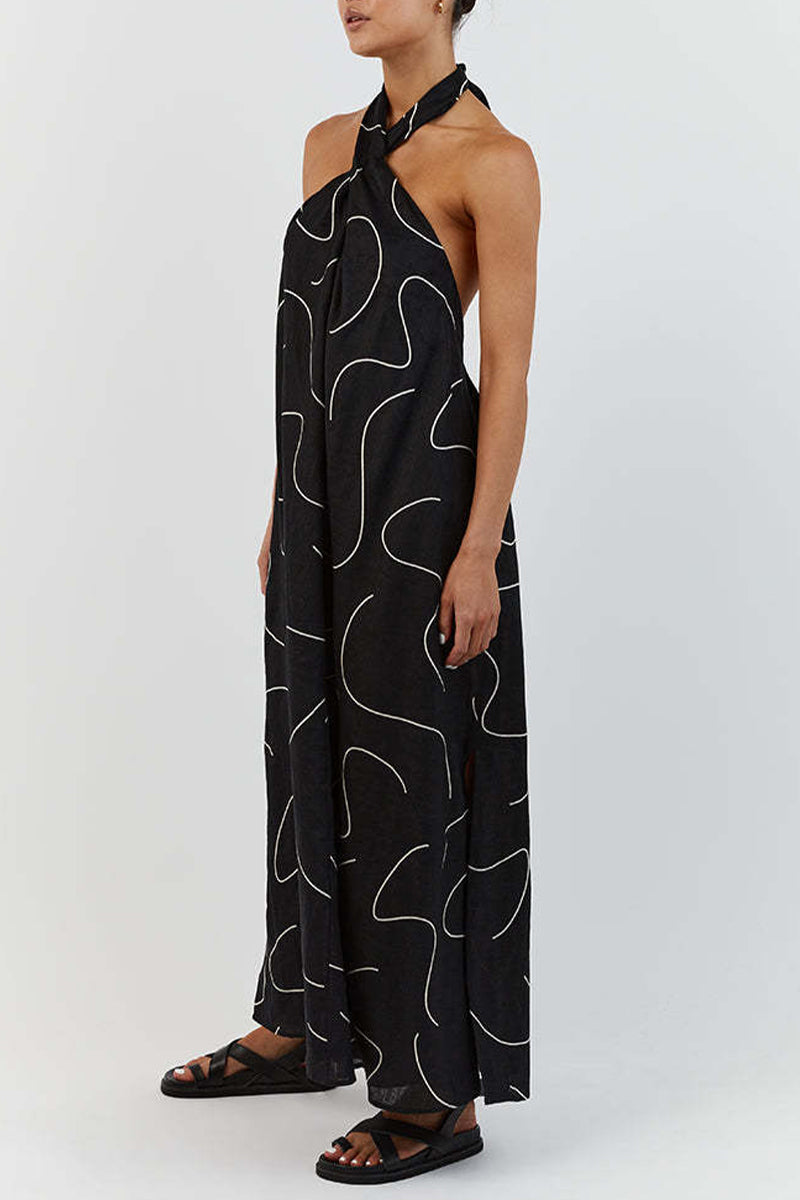 Casual Geometric Print Frenulum Halter Sleeveless Dress Dresses - Fashionpara