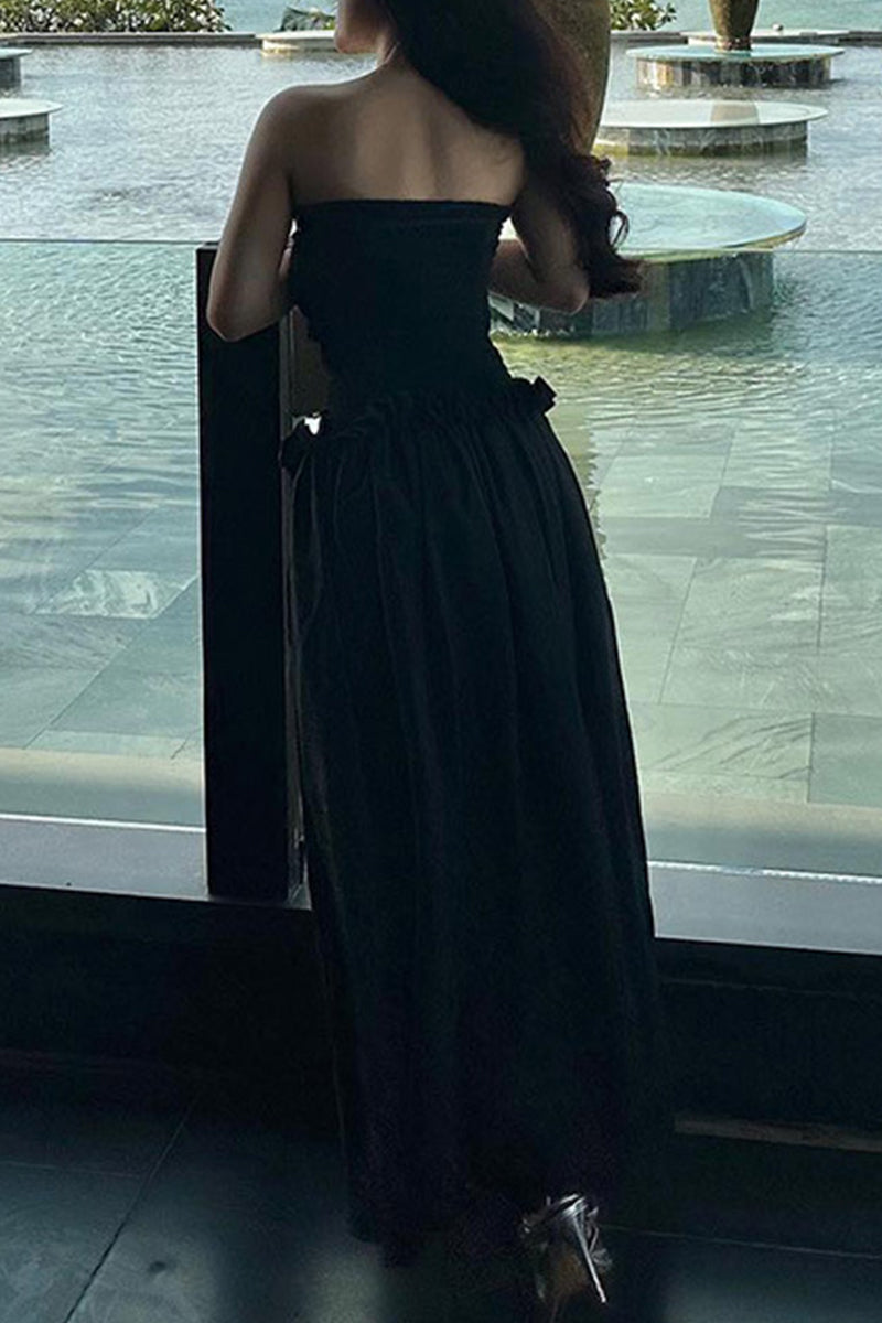 Casual Daily Solid Fold Strapless Pleated Dresses - Fashionpara