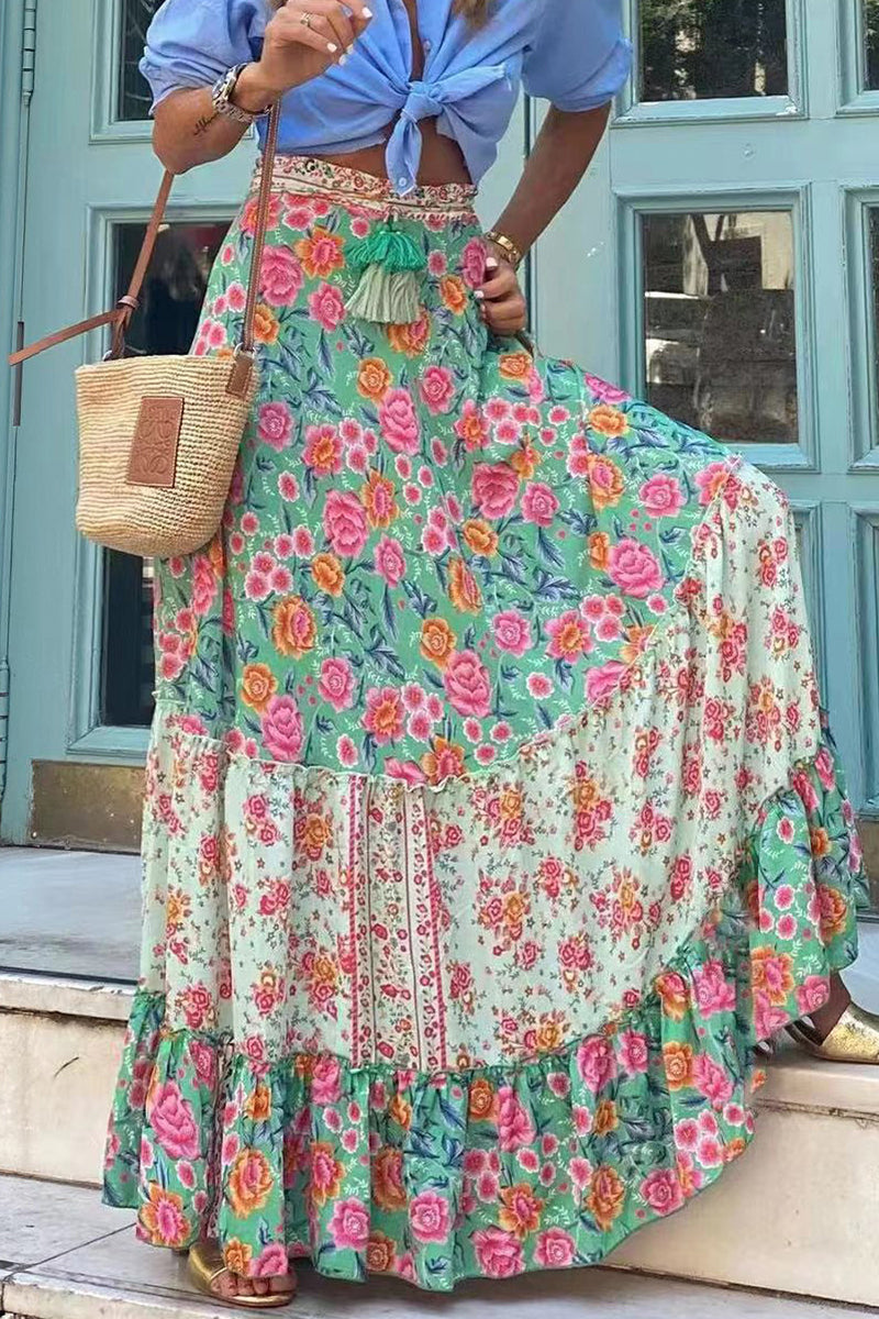 Casual Vacation Floral Patchwork Loose High Waist Type A Full Print Bottoms