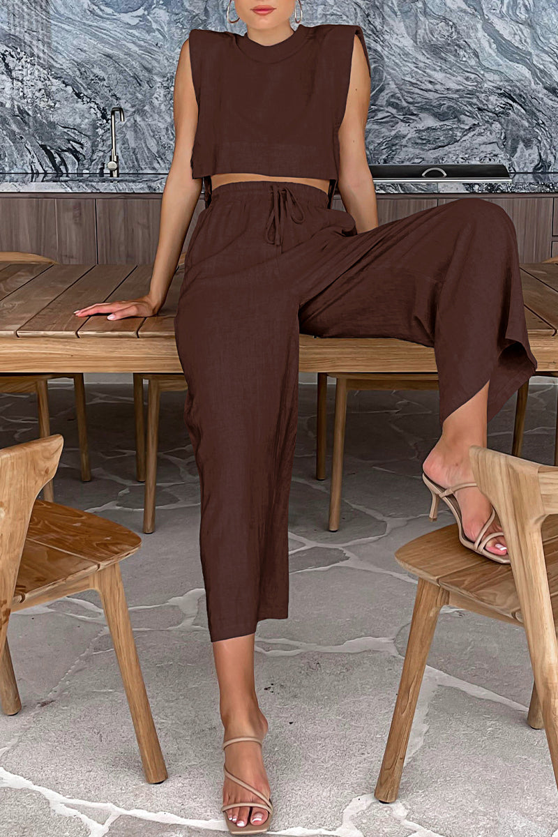 Casual Simplicity Solid Pocket Frenulum O Neck Sleeveless Two Pieces - Fashionpara