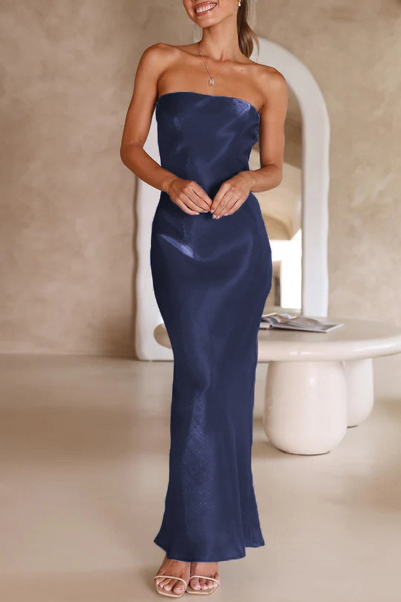 Celebrities Formal Solid Bright Silk Strapless Evening Dress Dresses - Fashionpara