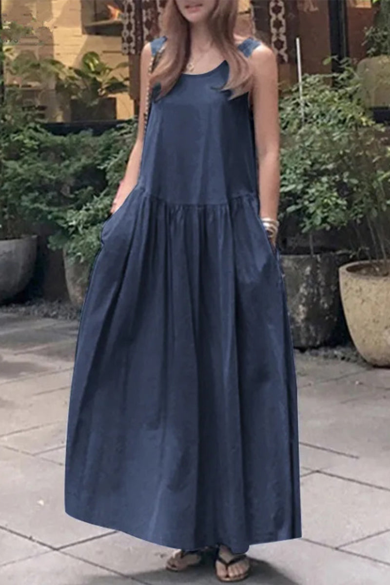 Casual Simplicity Solid Pocket O Neck Vest Dress Dresses - Fashionpara