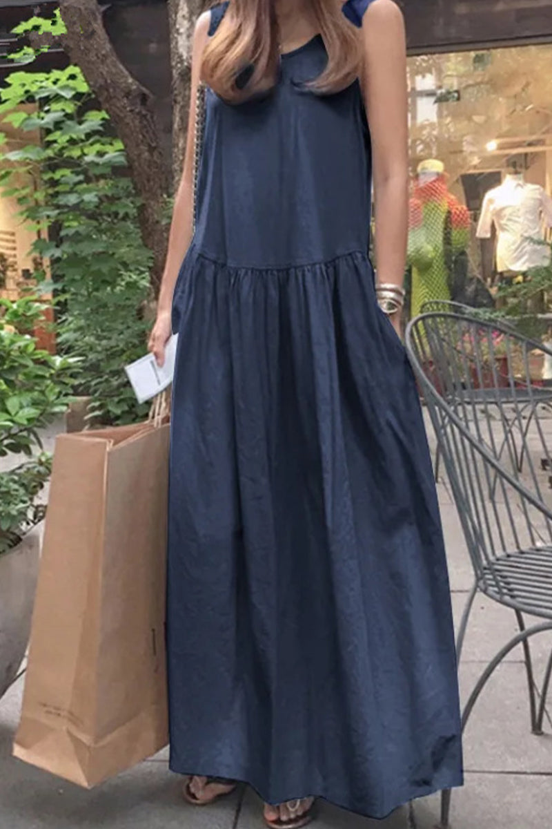 Casual Simplicity Solid Pocket O Neck Vest Dress Dresses - Fashionpara